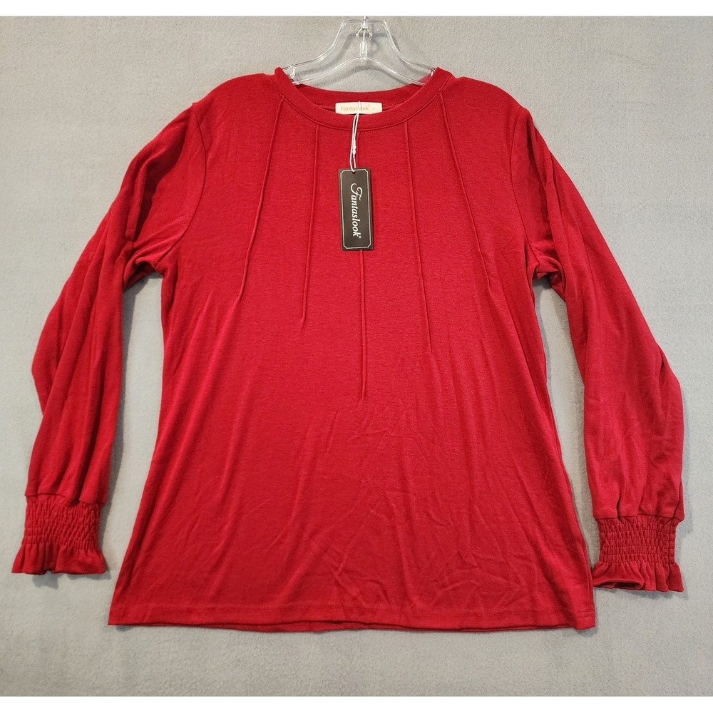 Fantaslook‎ Women's Red Long Sleeve Blouse Smocked Cuff Top Large NWT